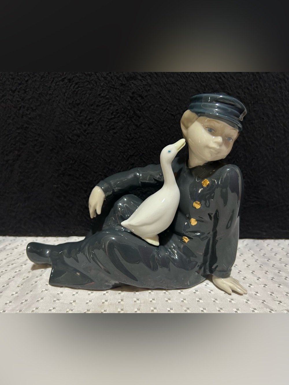 Vintage Nadal Spain Porcelain Figurine Sitting Boy with Goose Made In Spain 8"